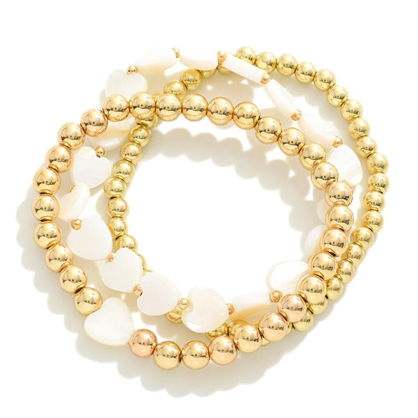 Gold Beaded Bracelet Set with White Hearts