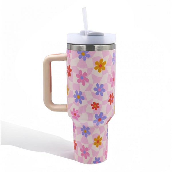 Retro Wavy Checkered Pink Floral Tumbler