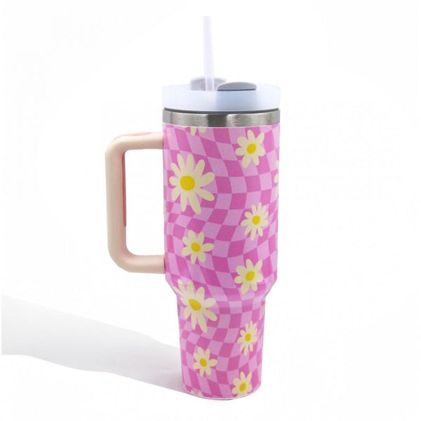 Retro Pink and Yellow Checkered Floral Tumbler