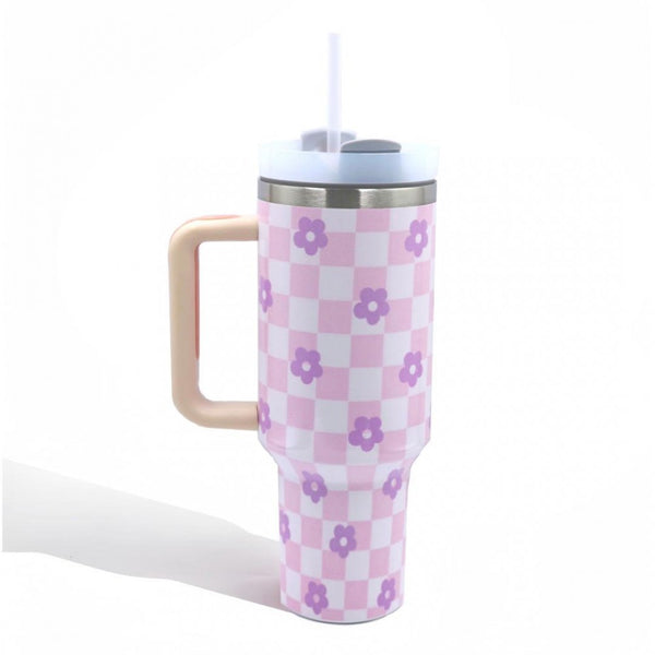 Lilac Checkered Floral Tumbler