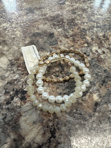 Pearl & Natural Gold Cross Bracelet Set