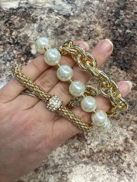 Chunky Gold & Pearl Bracelet Set