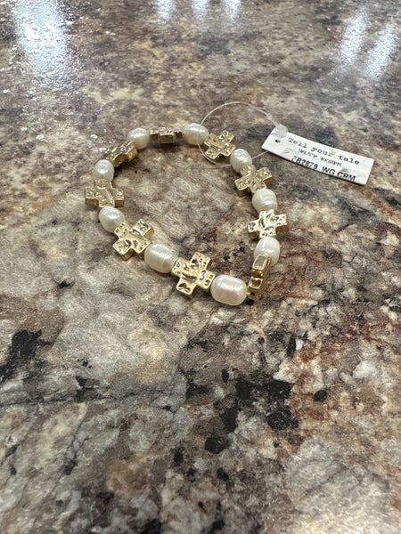 Pearl & Gold Rugged Cross Bracelet