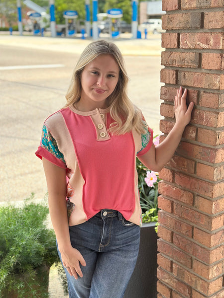 Color Block Patchwork top Coral