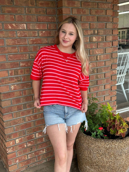 Red & pink striped knit top